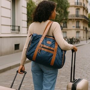 VINTAGE BAG 80s Travel Bag Nylon Brown Leather Accents w 2 smaller bags FRANCE